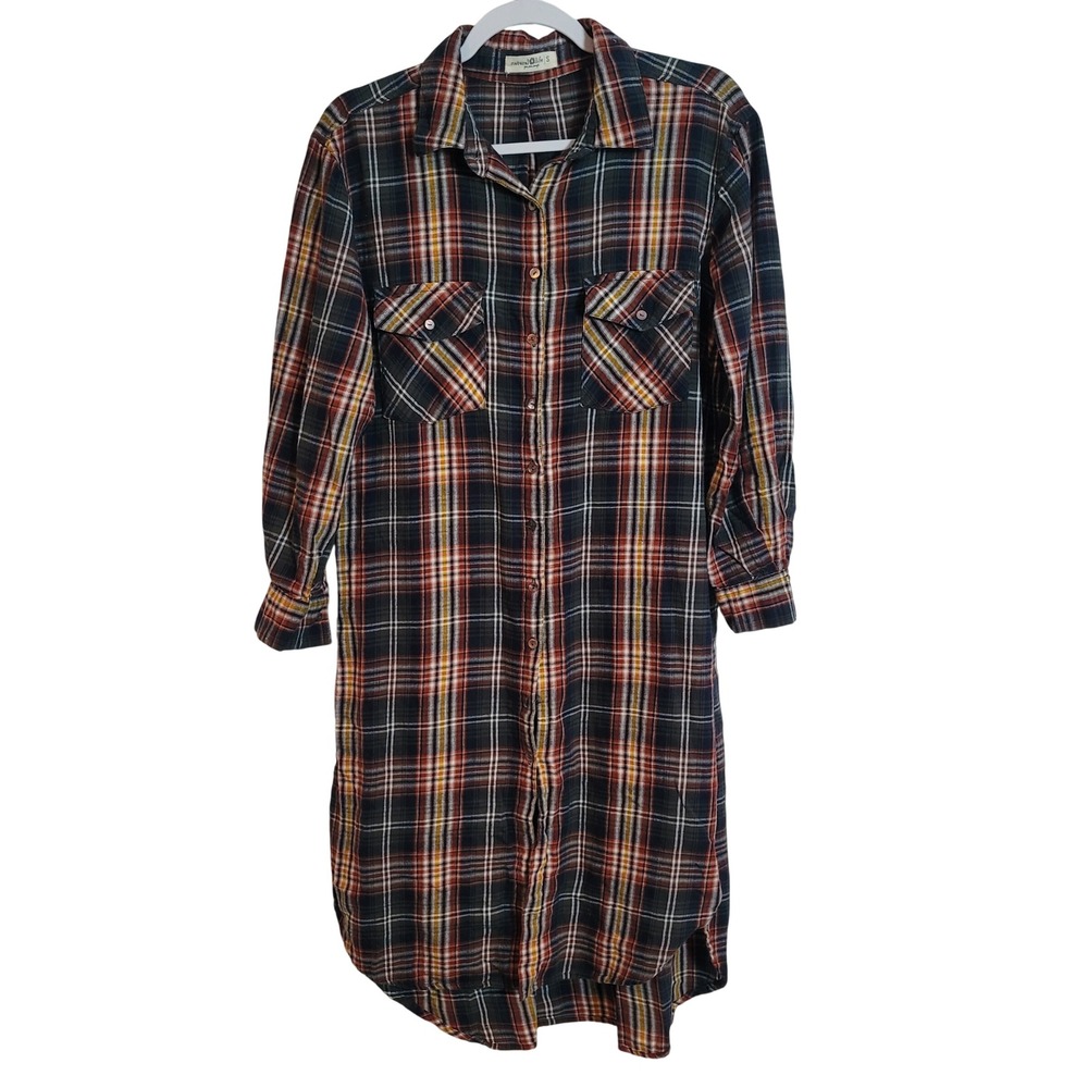 Natural Life Plaid Long Sleeve Button Up Country Boho Shirt Dress Women's Size S